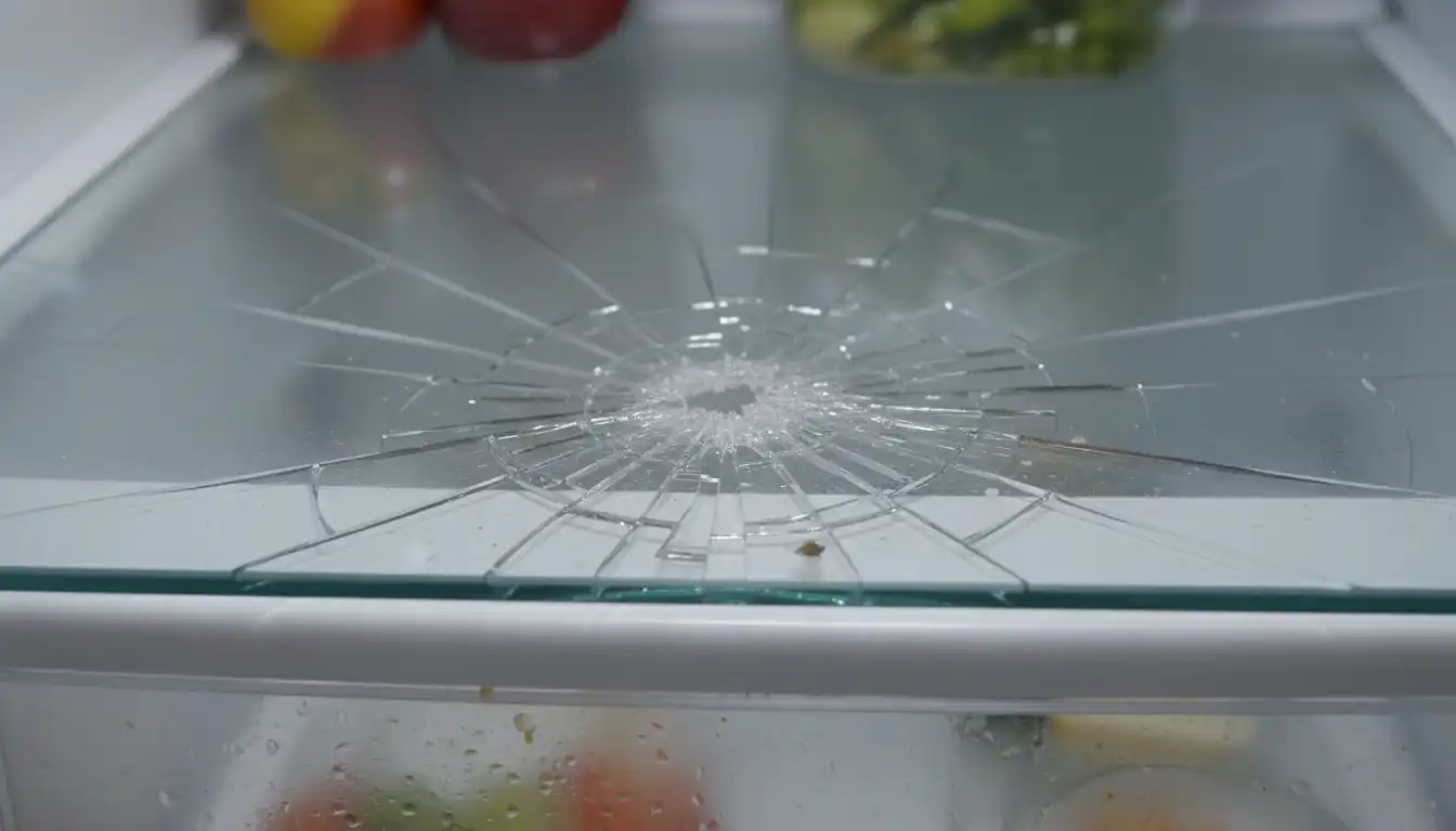 A close-up of a shattered tempered glass refrigerator shelf with cracks spreading across the surface.