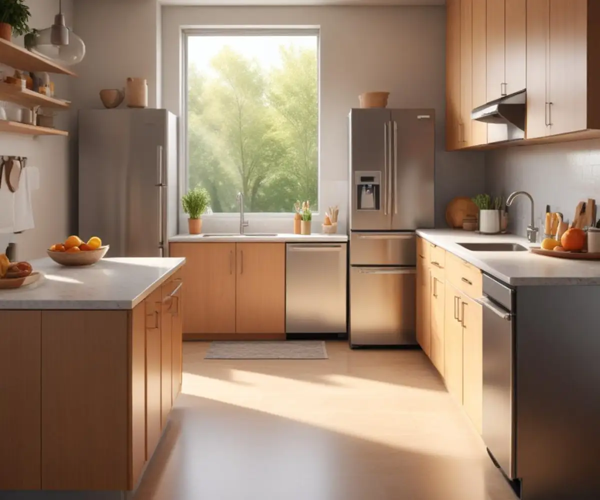 A modern kitchen interior featuring a stainless steel refrigerator placed next to an undermount sink on a quartz countertop.