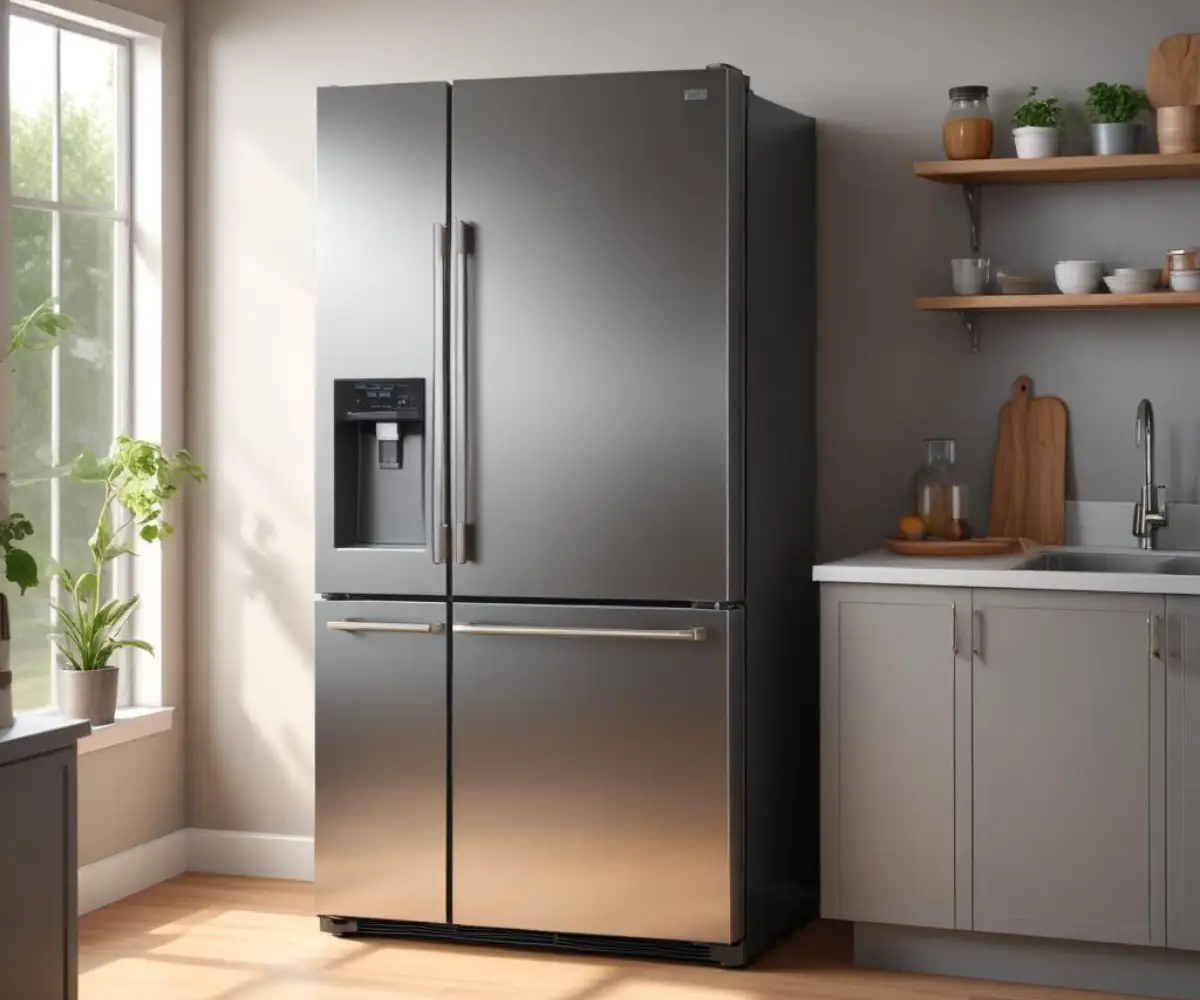 A stainless steel refrigerator positioned next to a light gray kitchen wall with space for ventilation.