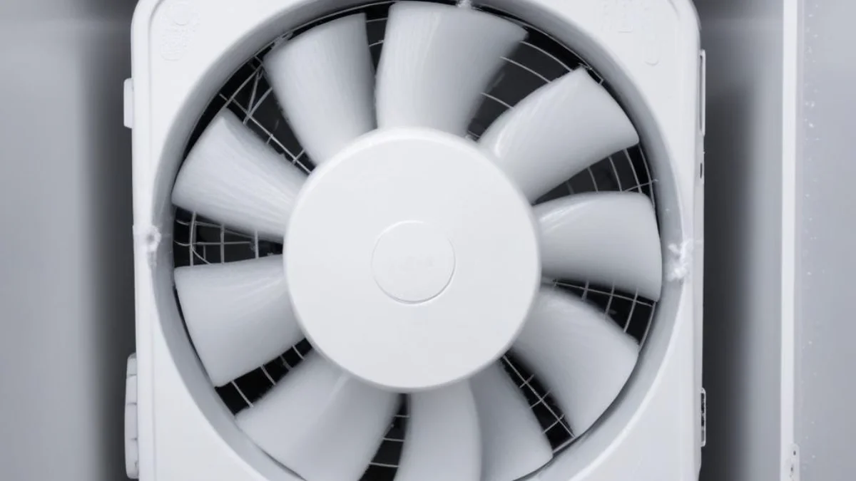 Frost-covered evaporator fan inside the back panel of a freezer.