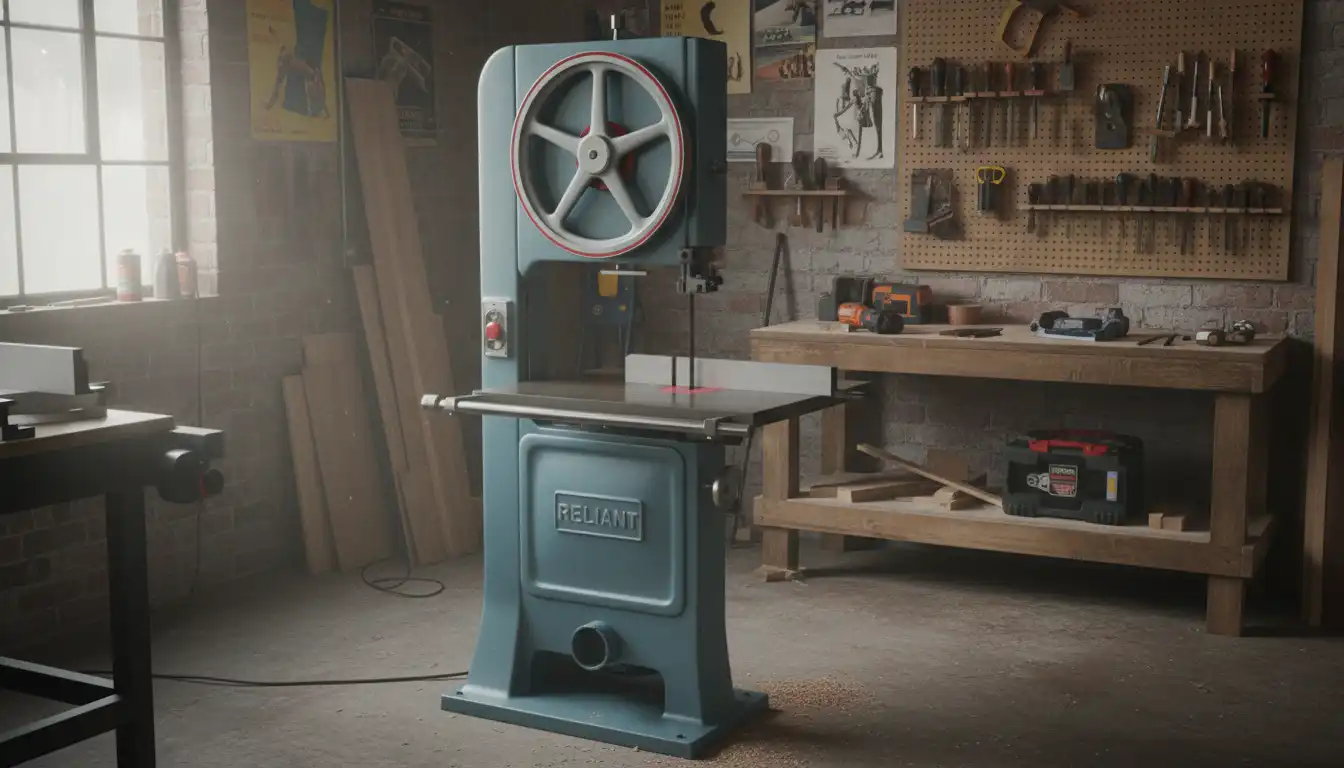 A vintage blue and gray Reliant 16-inch wood bandsaw standing on a concrete floor in a workshop.