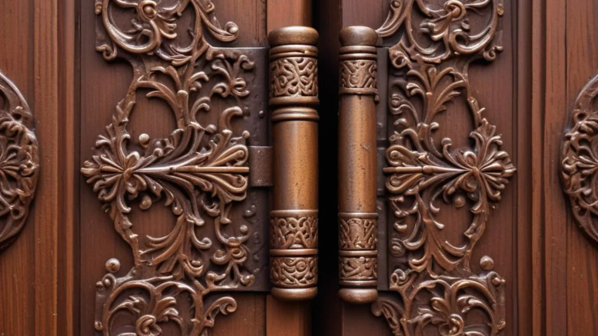Ornate metal door hinge with dark brown wood stain smudges on its surface.