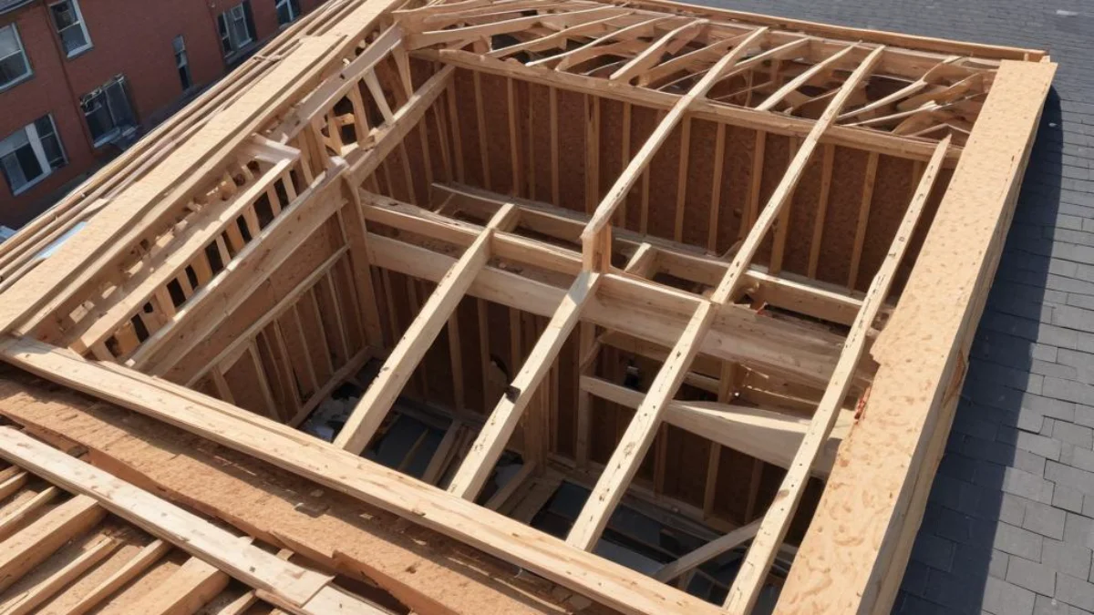 Rooftop with a partially deconstructed dormer, exposing the underlying wooden frame and sheathing.