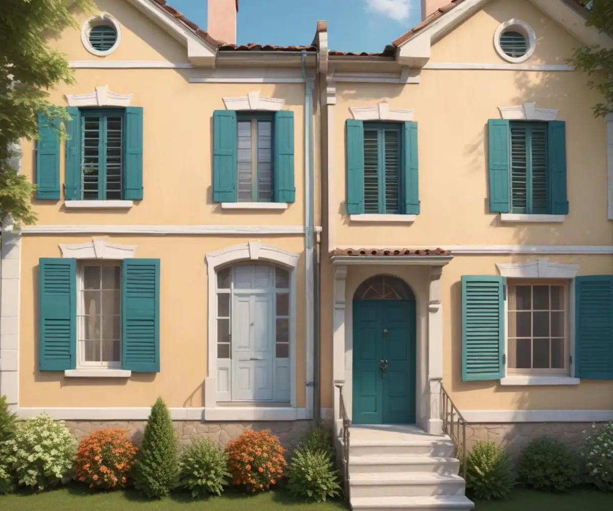 Side-by-side comparison of a house exterior, one view with traditional shutters and the other without.