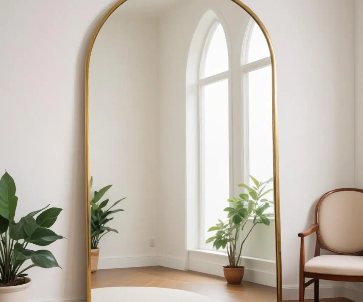 An unframed, full-length arched mirror with a thin brass border, leaning against a plain white wall in a well-lit room.