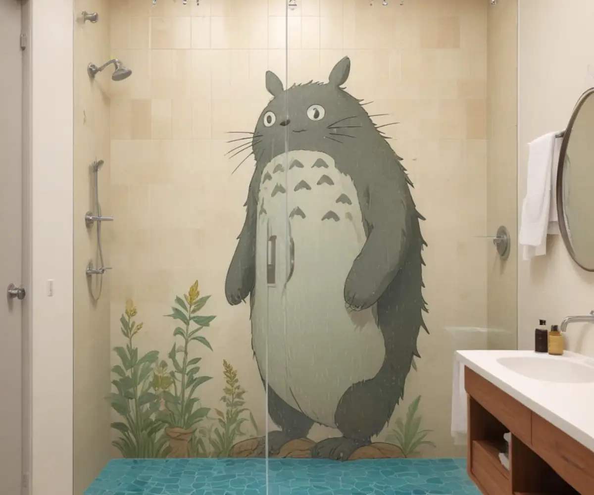 A frameless, temporary shower screen with a minimal adhesive strip in a tiled bathroom shower.