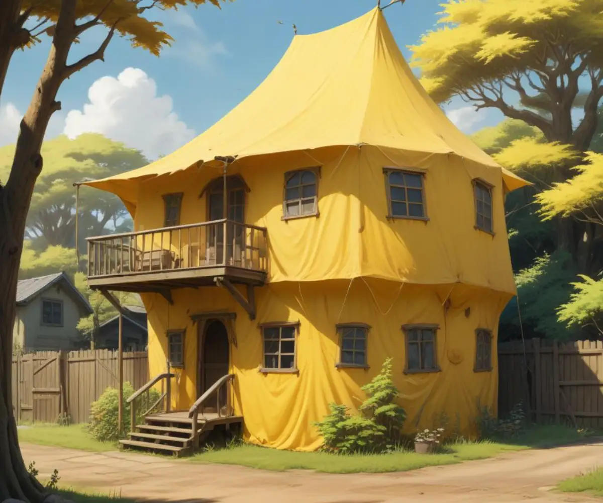 A residential house completely covered by a large yellow fumigation tent.