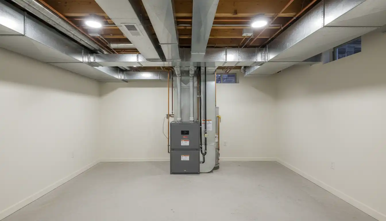 A modern high-efficiency gas furnace connected to a network of shiny new galvanized steel air ducts in a clean basement utility room.