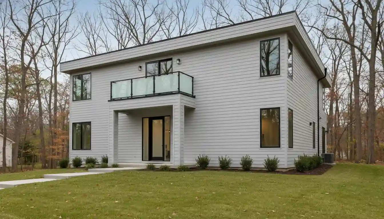 Modern two-story house showcasing new light gray horizontal vinyl siding.