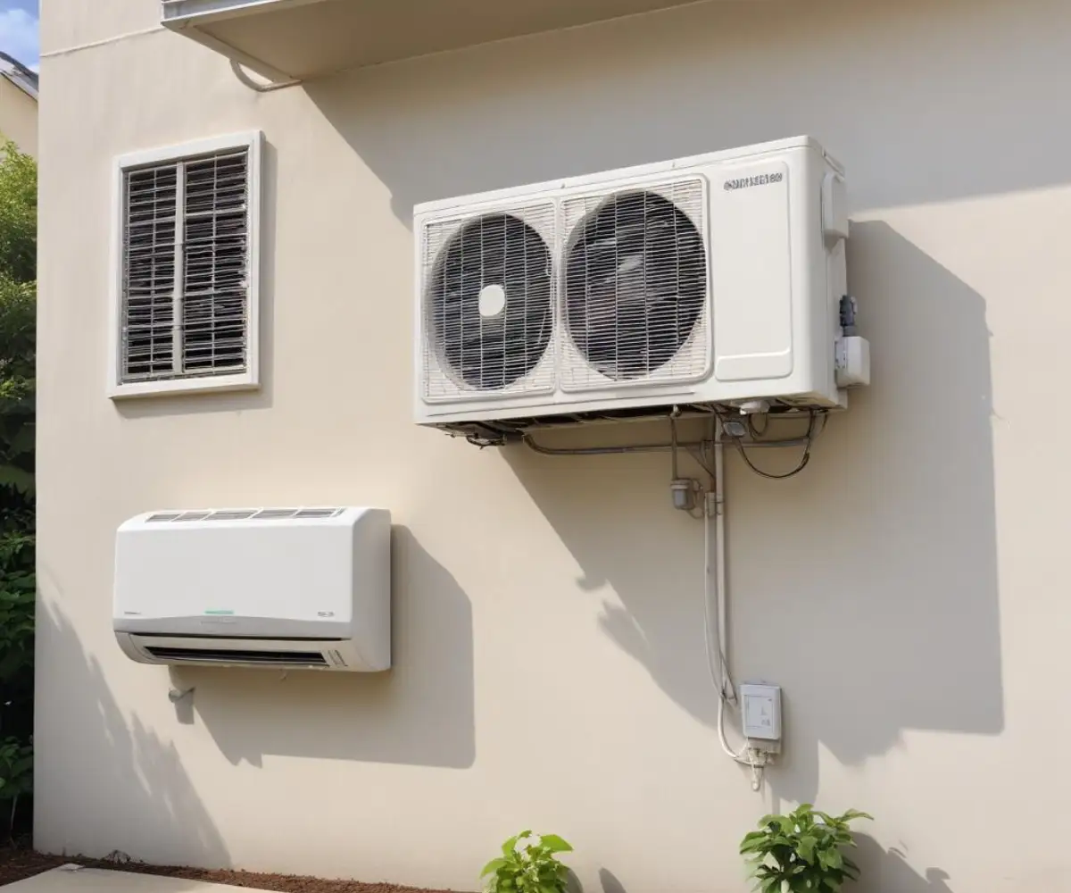 An outdoor central air conditioning condenser unit next to a newly installed, white, wall-mounted ductless mini-split unit against a light-colored exterior wall.