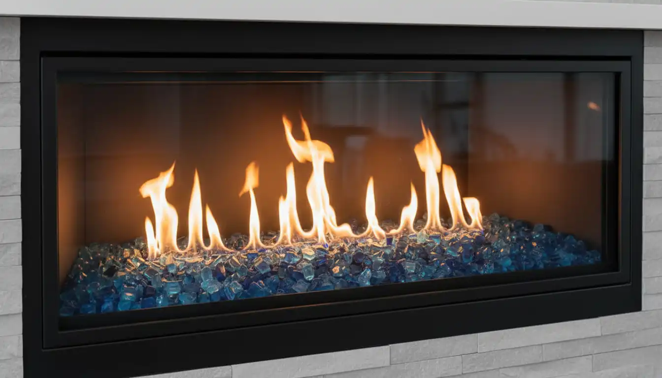 Modern gas fireplace filled with shimmering blue fire glass and active flames.