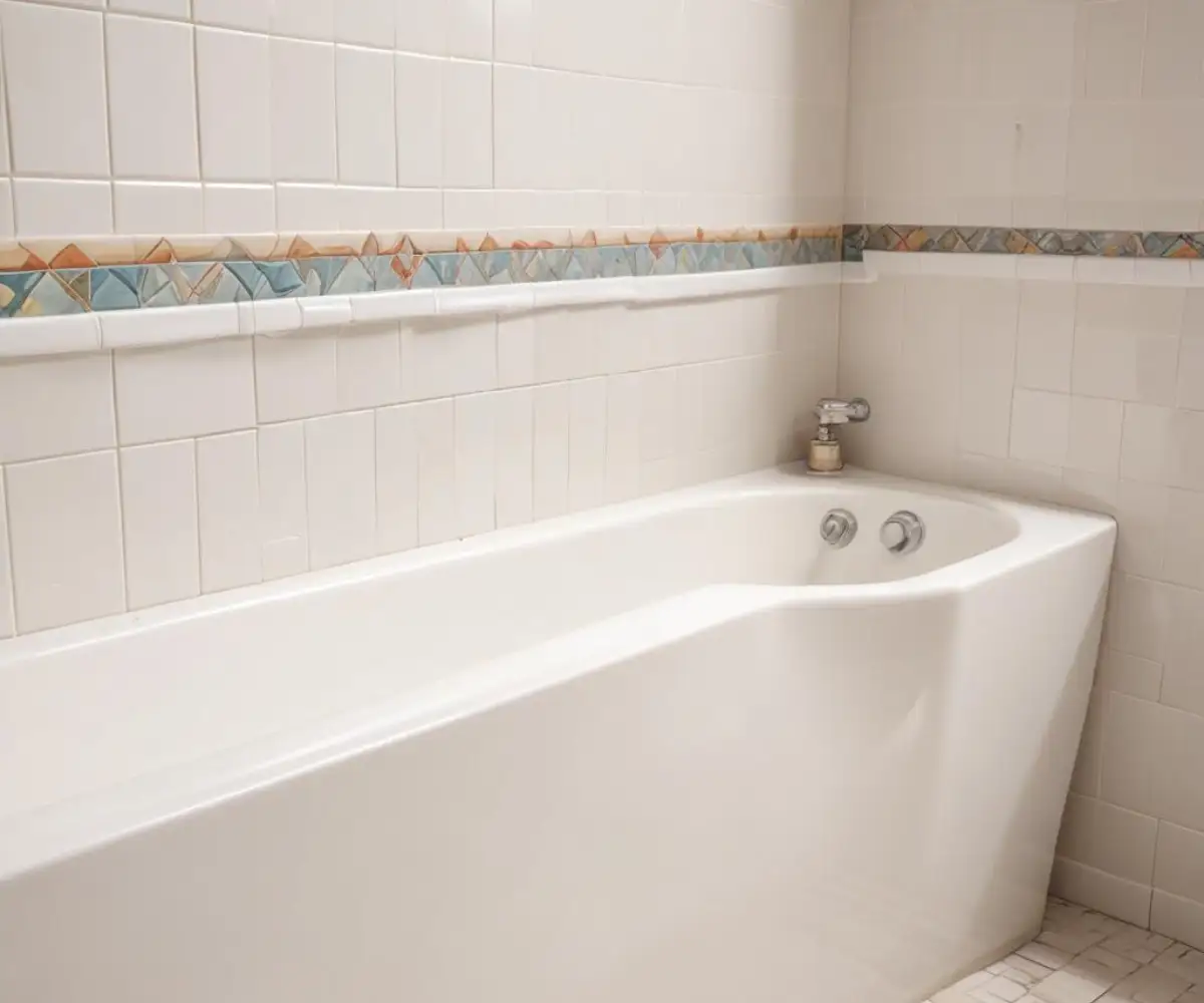 A clean, white caulk line sealing the joint between a ceramic tiled shower wall and the edge of a white bathtub.