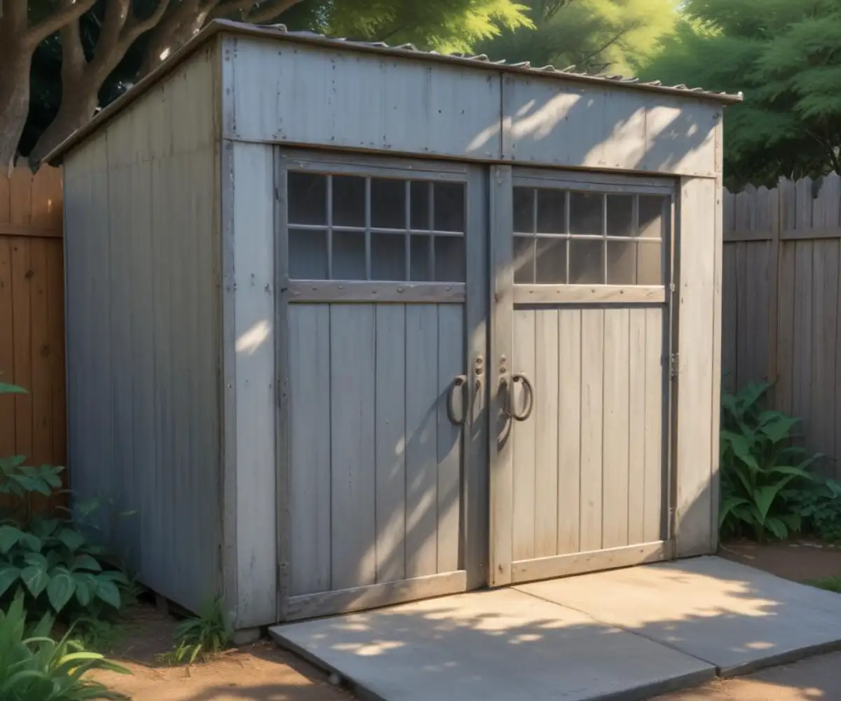 A gray metal shed with two sliding doors, situated on a concrete slab in a backyard setting.