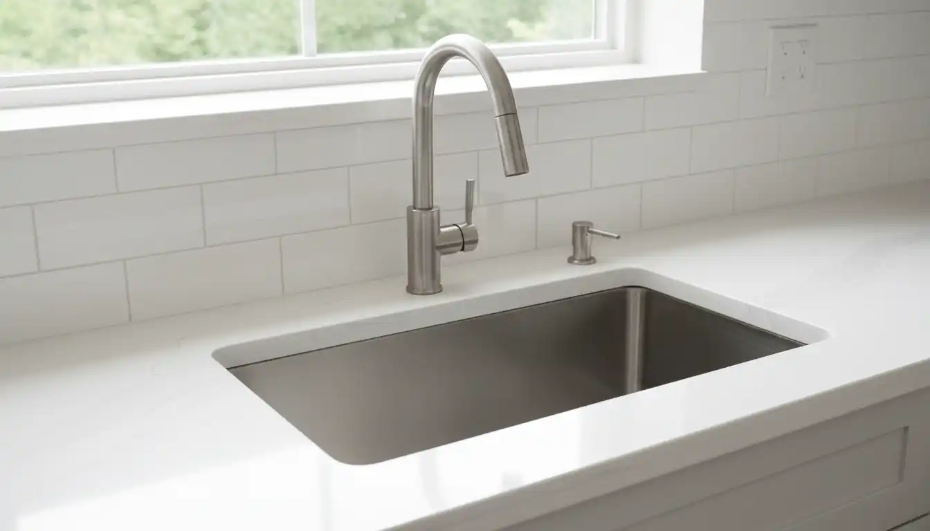 A stainless steel undermount kitchen sink installed seamlessly under a polished quartz countertop.