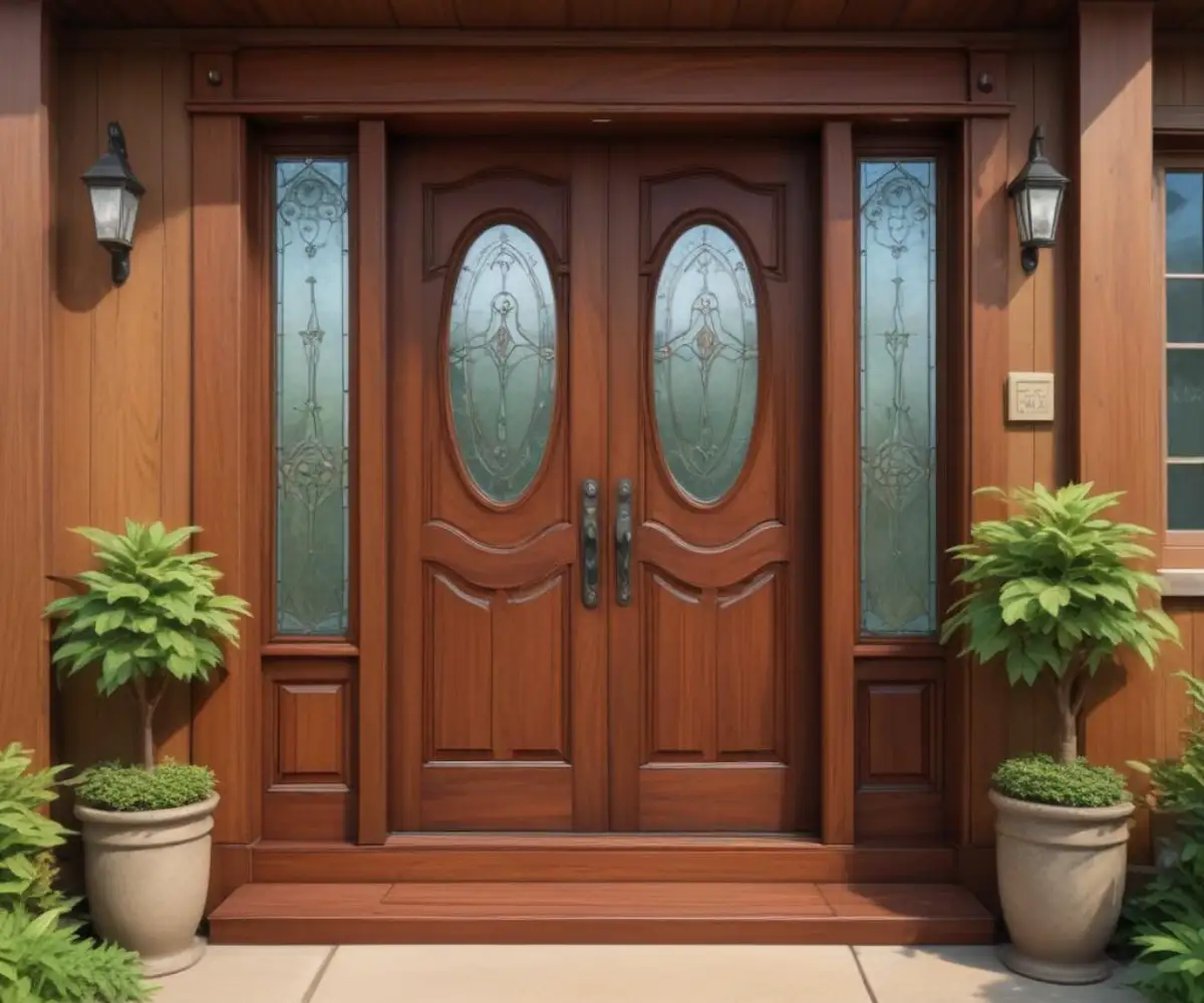 A front entryway with solid, stained wood panels seamlessly installed where glass sidelights were, next to a classic front door.