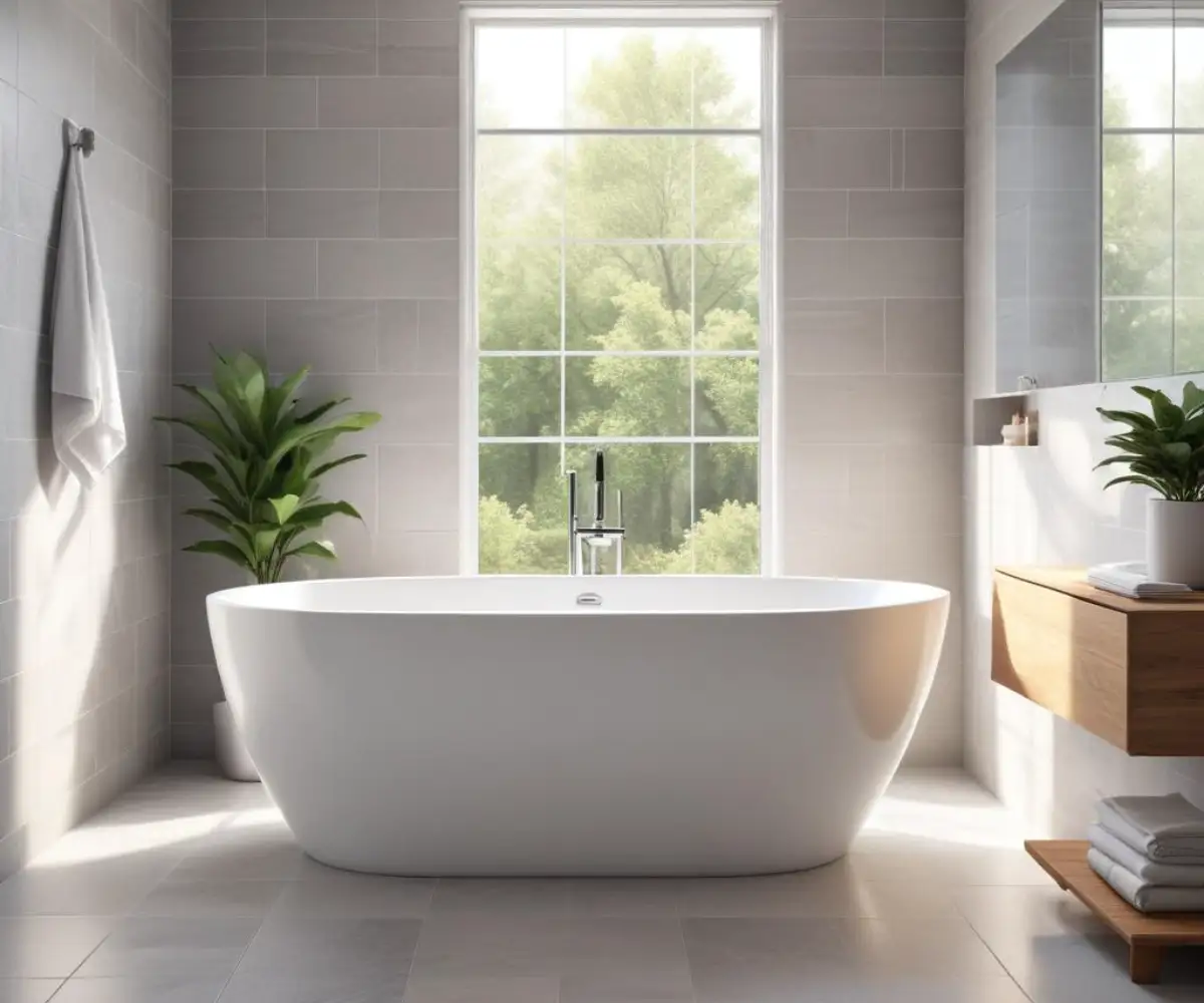 A modern white freestanding soaking tub in a bright bathroom with gray tile surround.