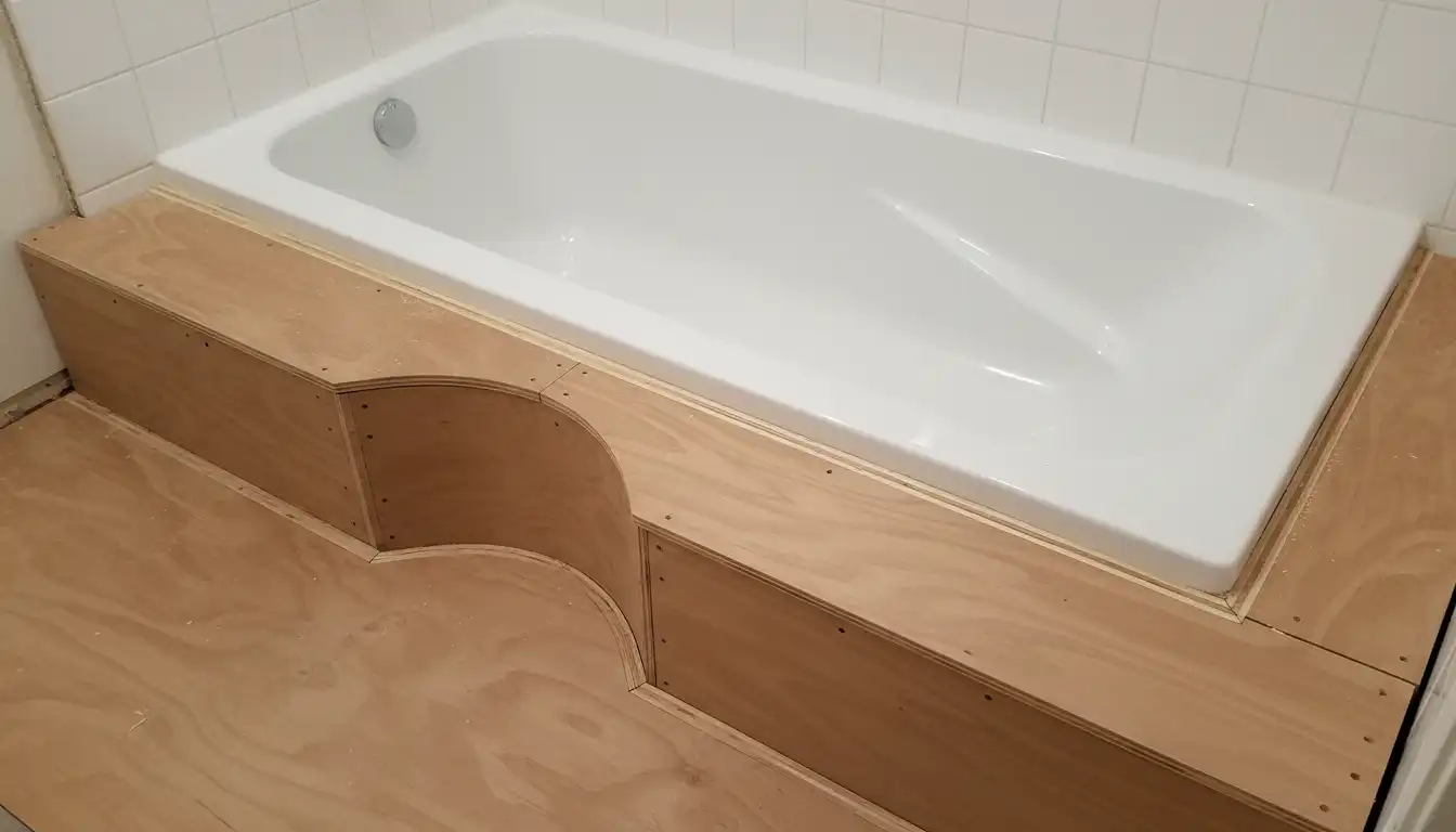 A new plywood subfloor cut and fitted around the base of a white alcove bathtub.