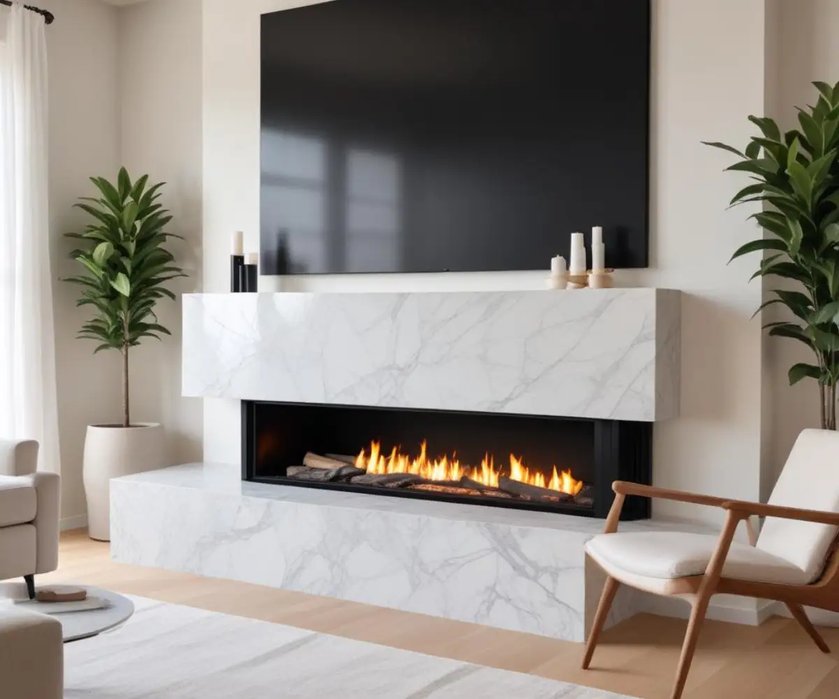 A sleek, black ventless gas fireplace insert with realistic logs, set into a modern white mantel with a marble tile surround in a living room.