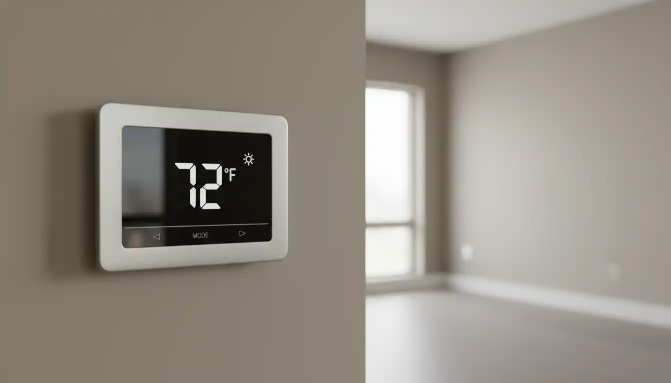 Modern digital thermostat mounted on a neutral-colored wall.