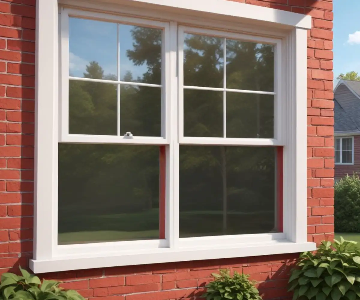 A new, energy-efficient, white vinyl window with multiple panes installed in a classic red brick house exterior.