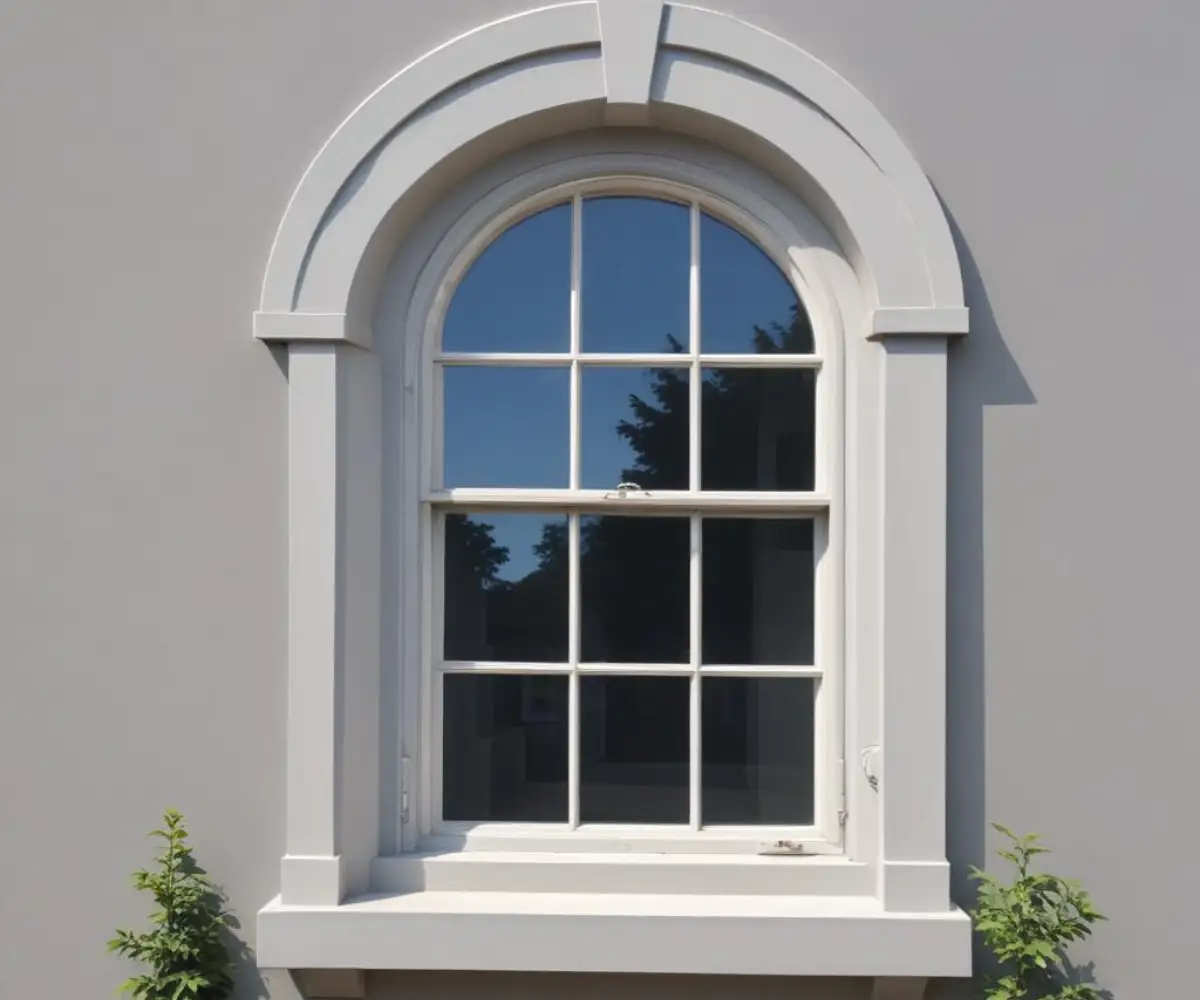 A newly installed square window on a light gray exterior wall, showing the clean lines where a curved arch top window was removed.