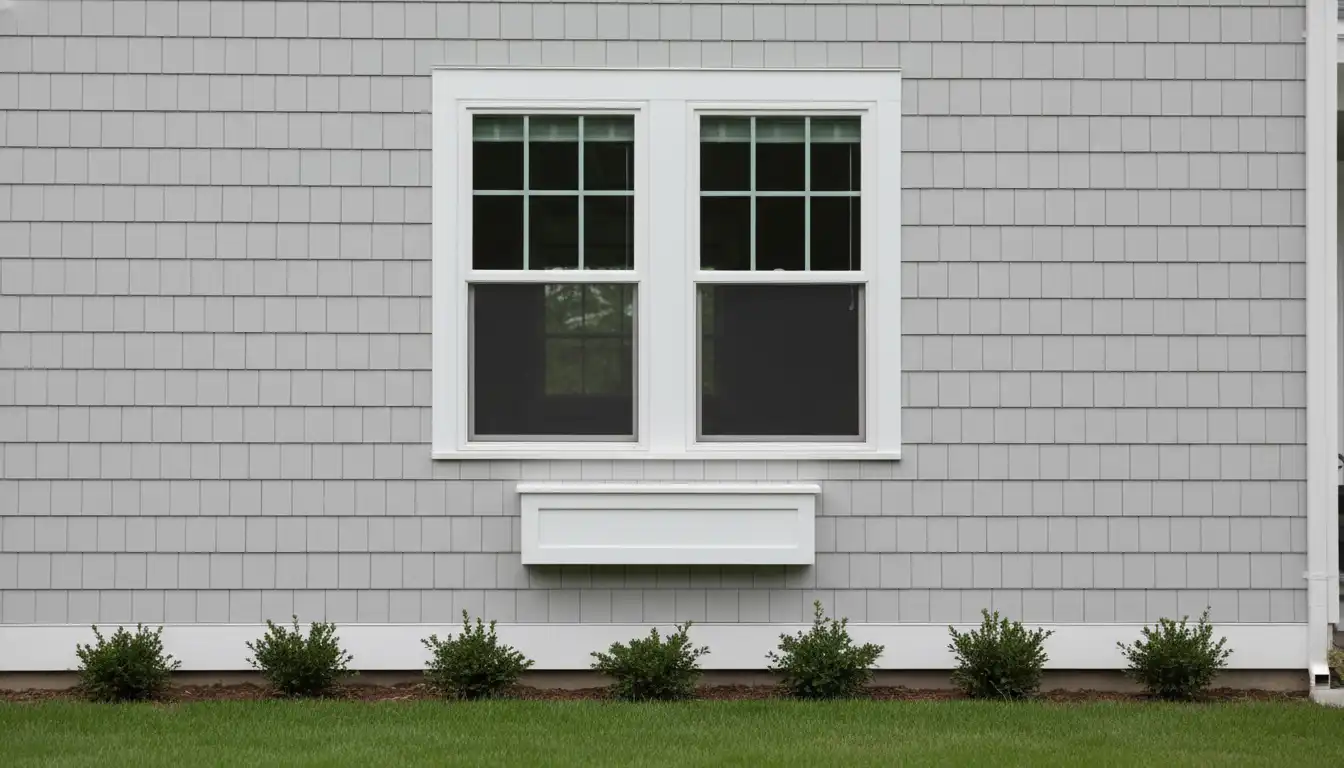 A newly installed set of double hung windows on a light gray siding exterior where a projecting bay window was removed.