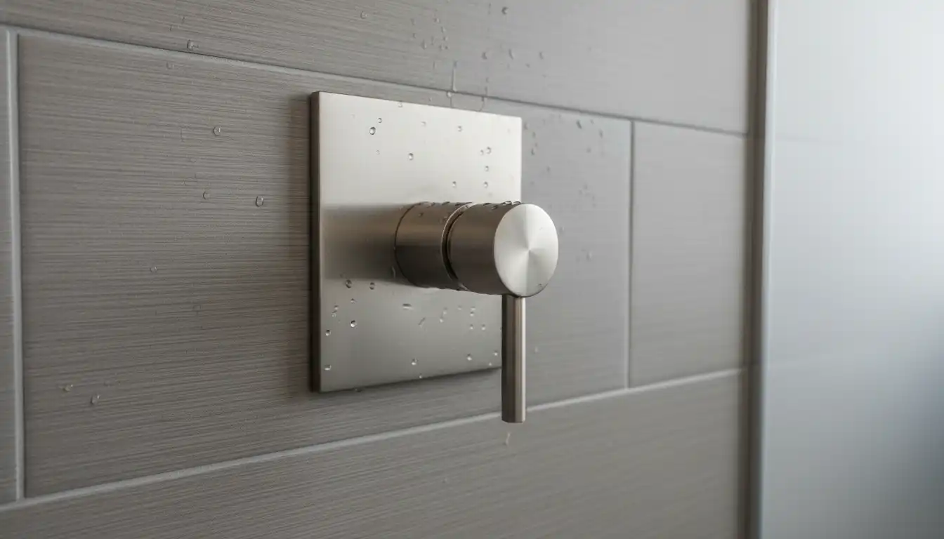 A new brushed nickel shower faucet and valve handle set against a gray tiled wall.