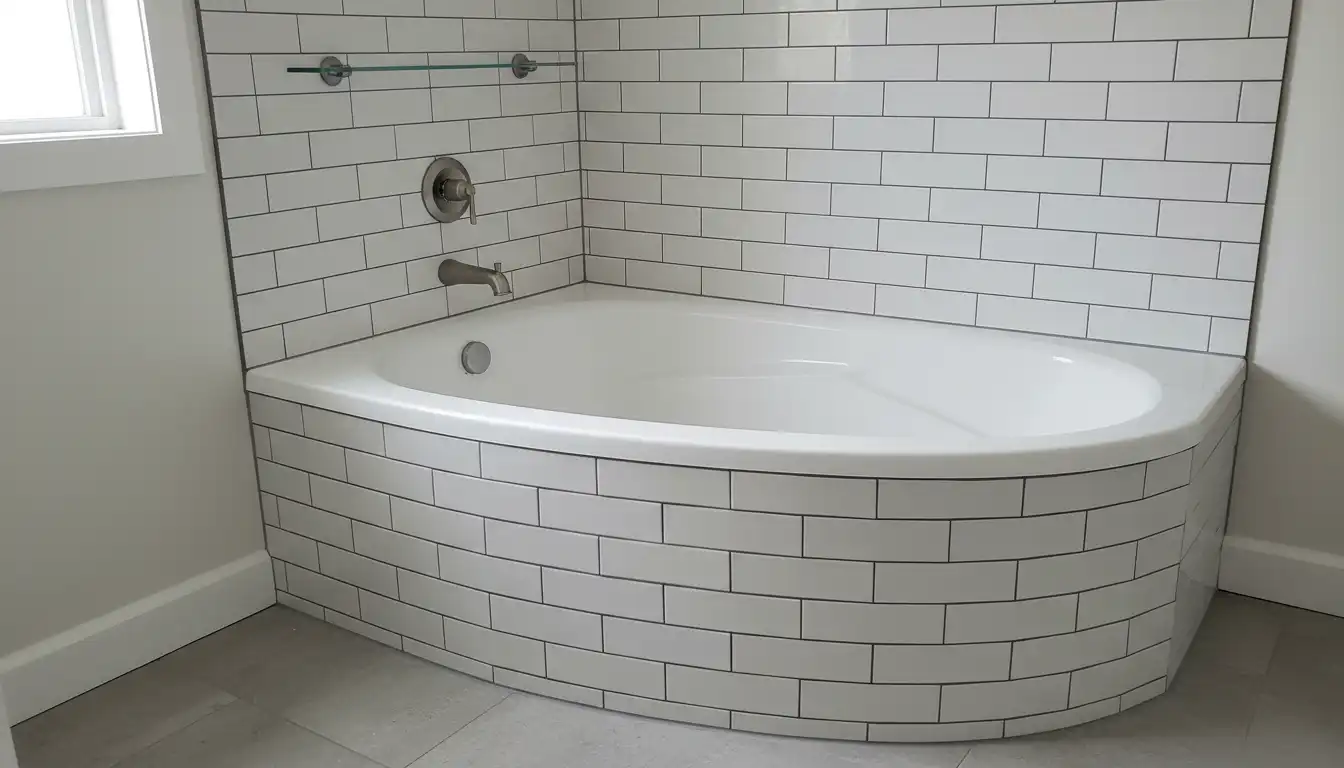 Newly installed ceramic wall tiles neatly cut and fitted around the edge of a white bathtub.