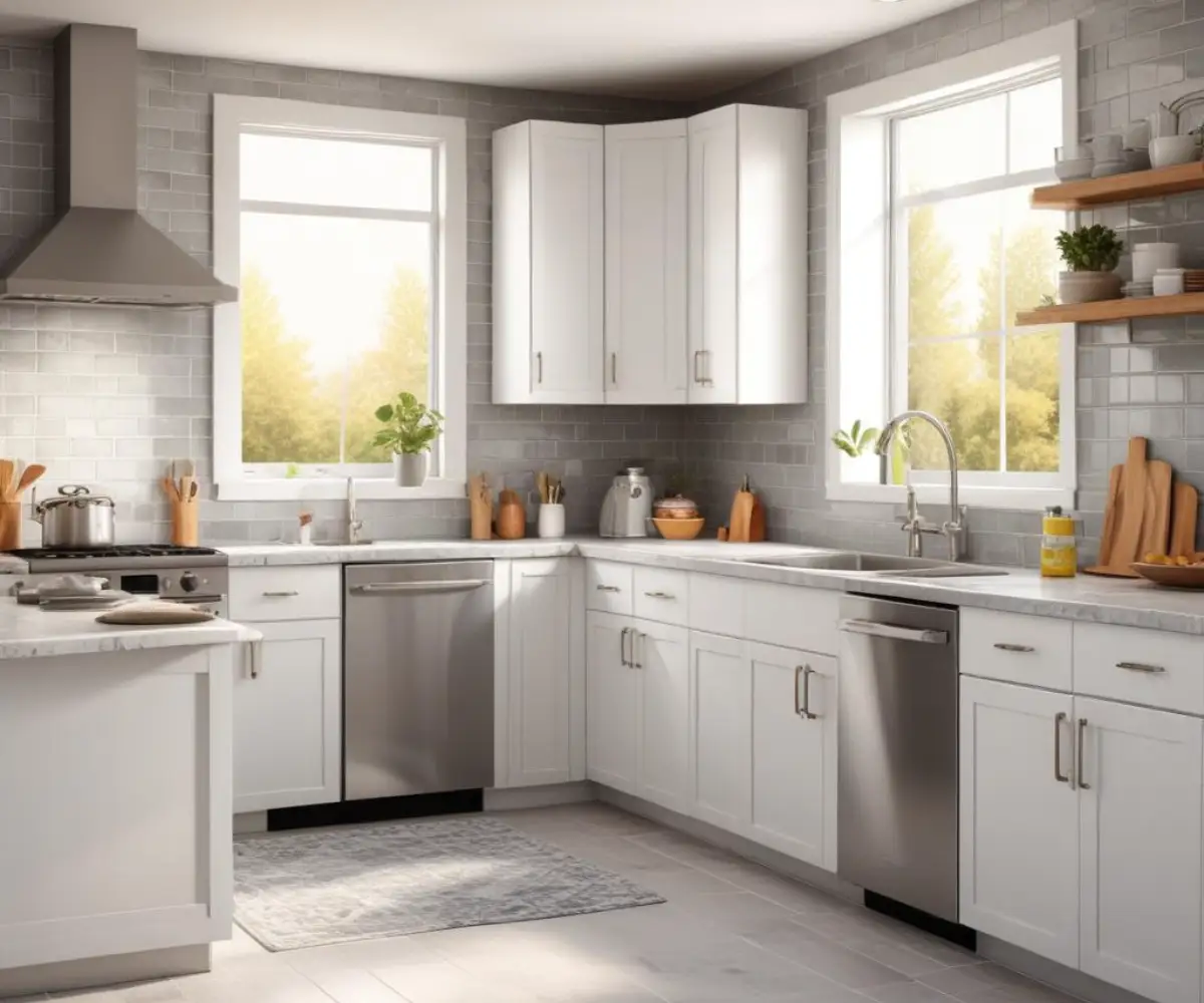 A bright, modern kitchen featuring white shaker cabinets, a gray subway tile backsplash, and stainless steel appliances.