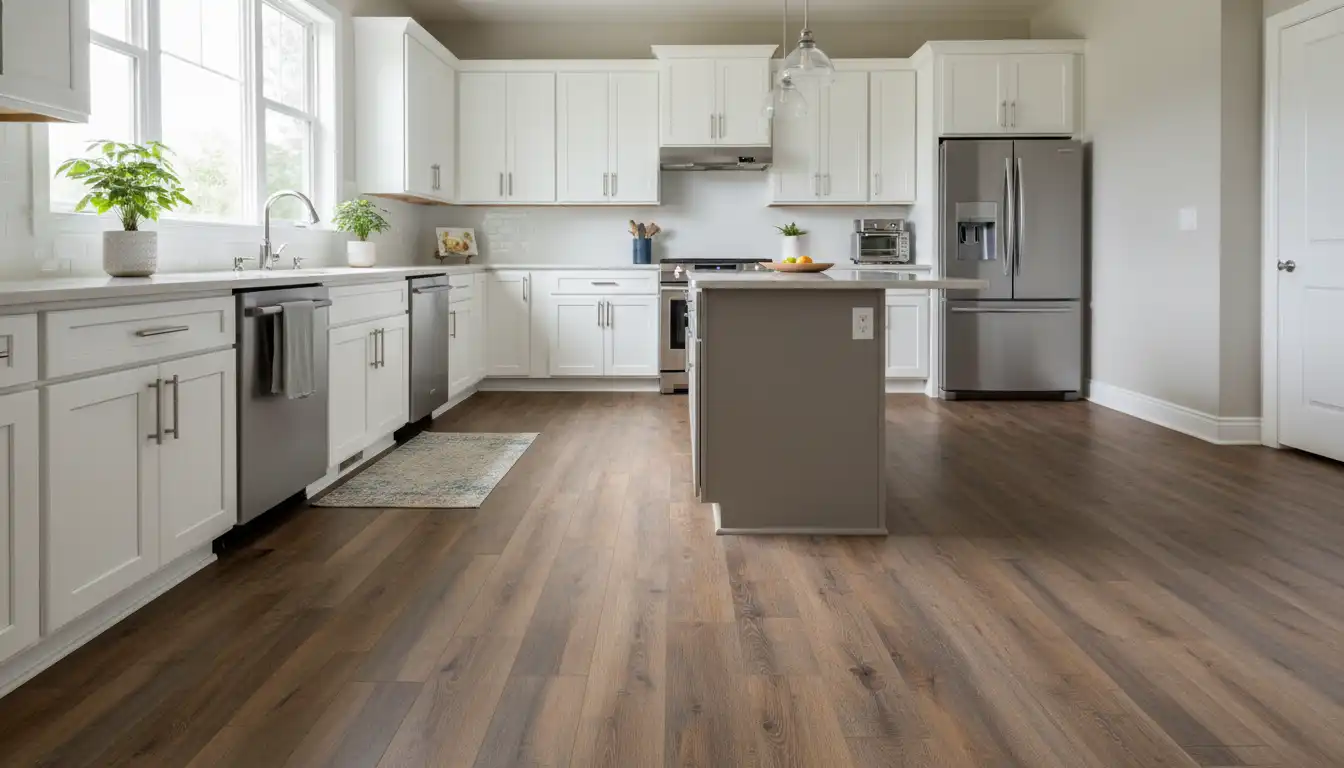 Durable, scratch-resistant rhino vinyl flooring with a realistic wood grain finish in a well-lit kitchen.
