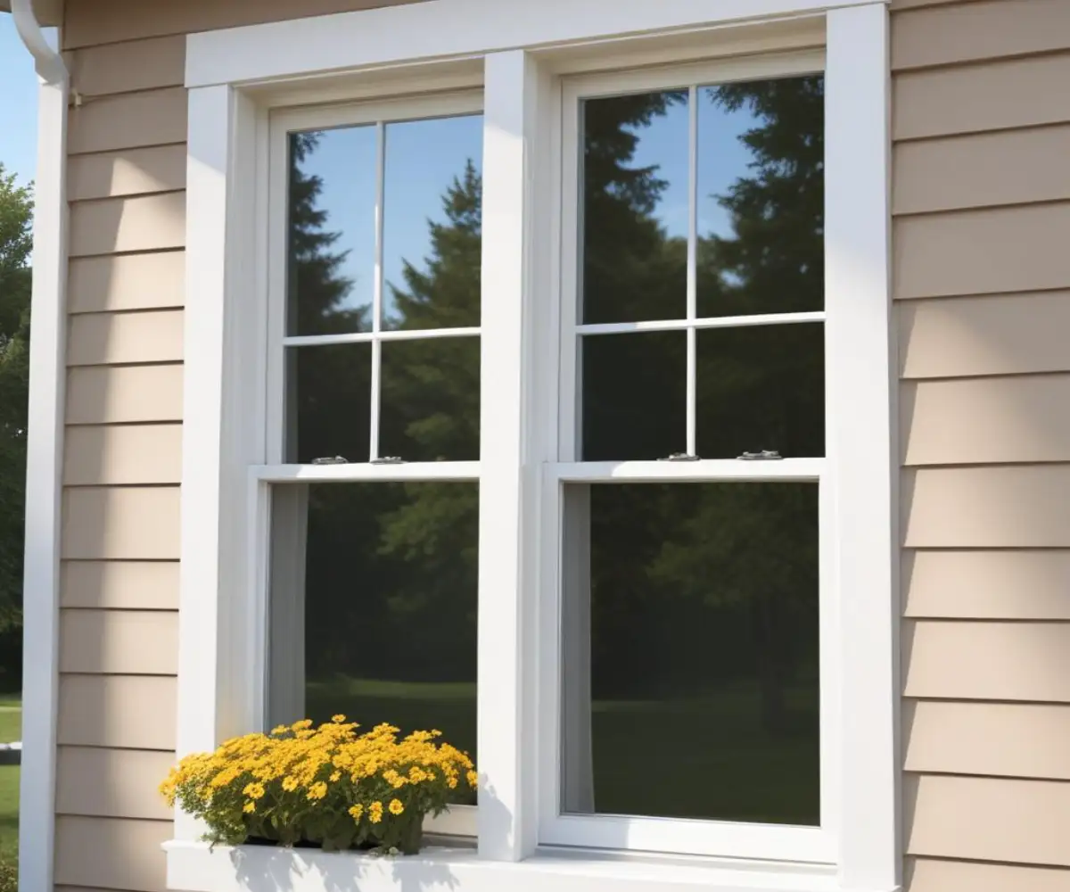 A new, white, double-hung vinyl window installed on a home with neutral-colored siding.