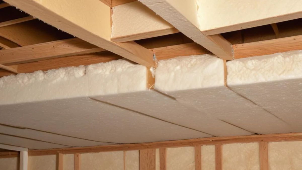 Close-up of spray foam insulation applied to a rim joist in a basement, showing the texture and seal.