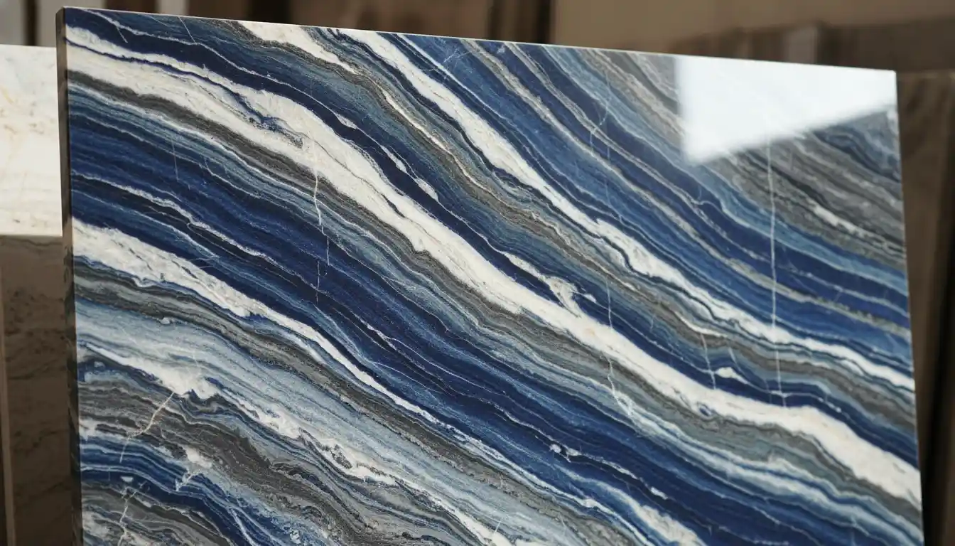 A polished River Blue quartzite countertop slab featuring flowing waves of deep blue, gray, and white veining, creating a dramatic, river-like appearance.
