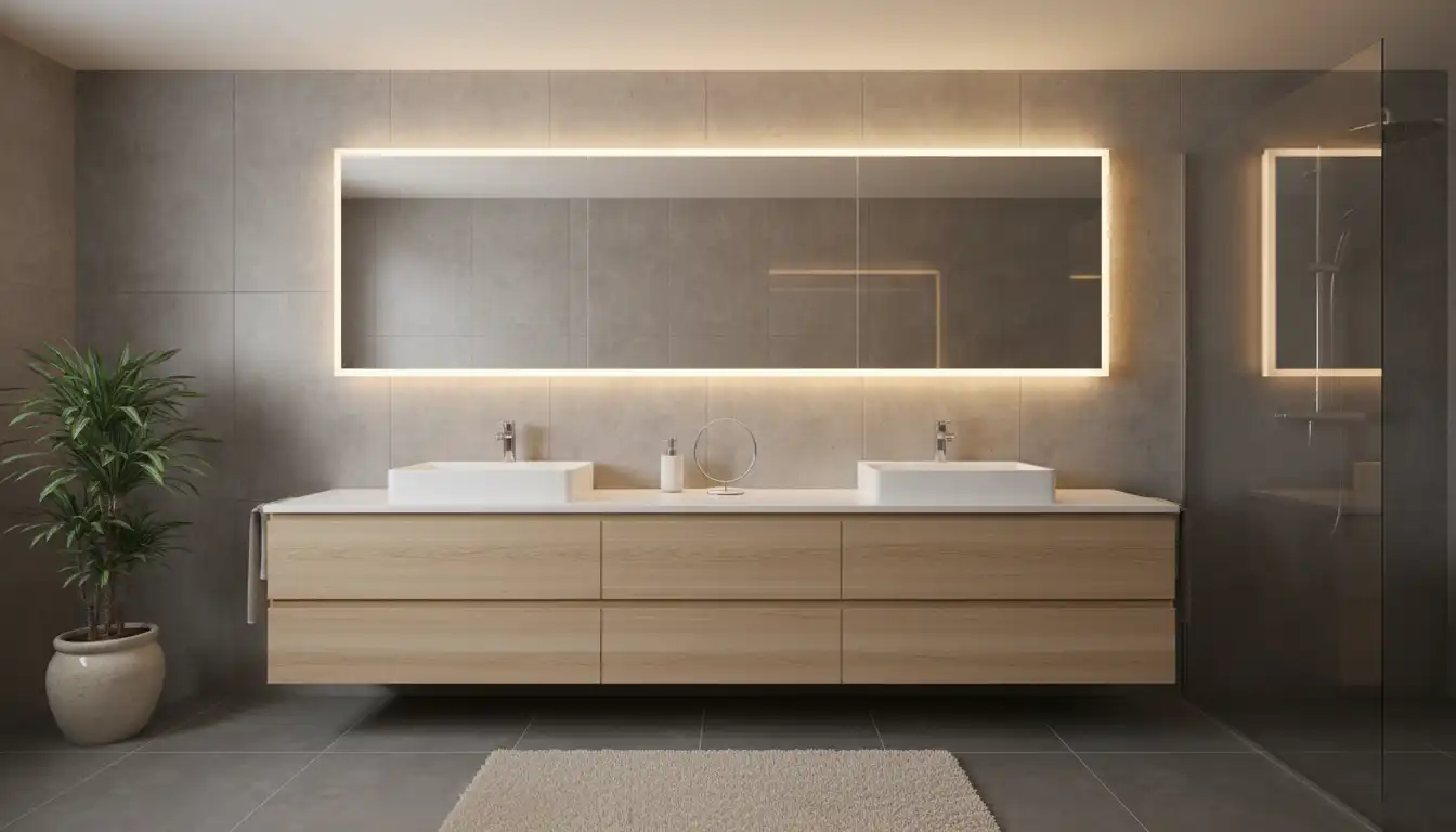 A contemporary bathroom featuring a large, illuminated mirrored medicine cabinet mounted over a double sink vanity.