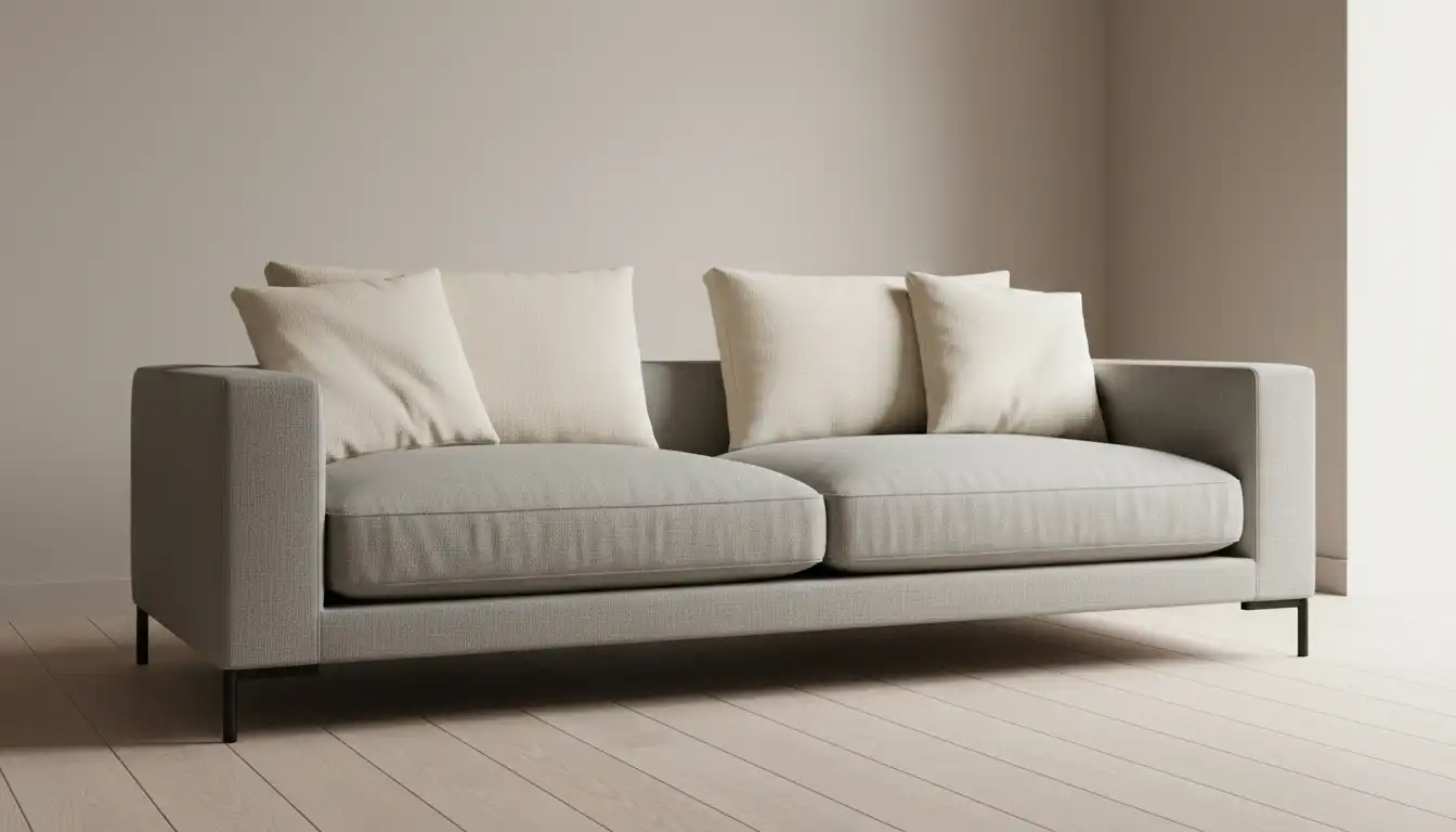 A modern, well-crafted sofa with clean lines and plush cushions, set against a plain, neutral-colored wall in a bright room.