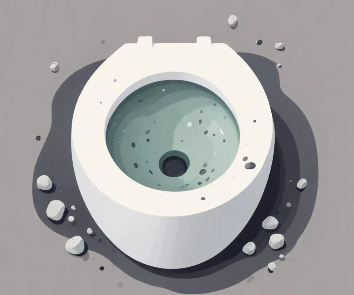 Close-up view of the inside of a white ceramic toilet bowl showing dark, rock-like mineral deposits and sediment settled in the water at the bottom.