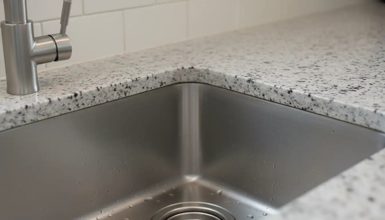 A close-up of a brushed stainless steel undermount kitchen sink, showing the corner and basin.
