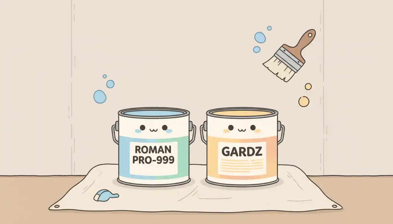 Two different brands of wall sealer and primer cans standing on a canvas drop cloth in front of an unpainted drywall.