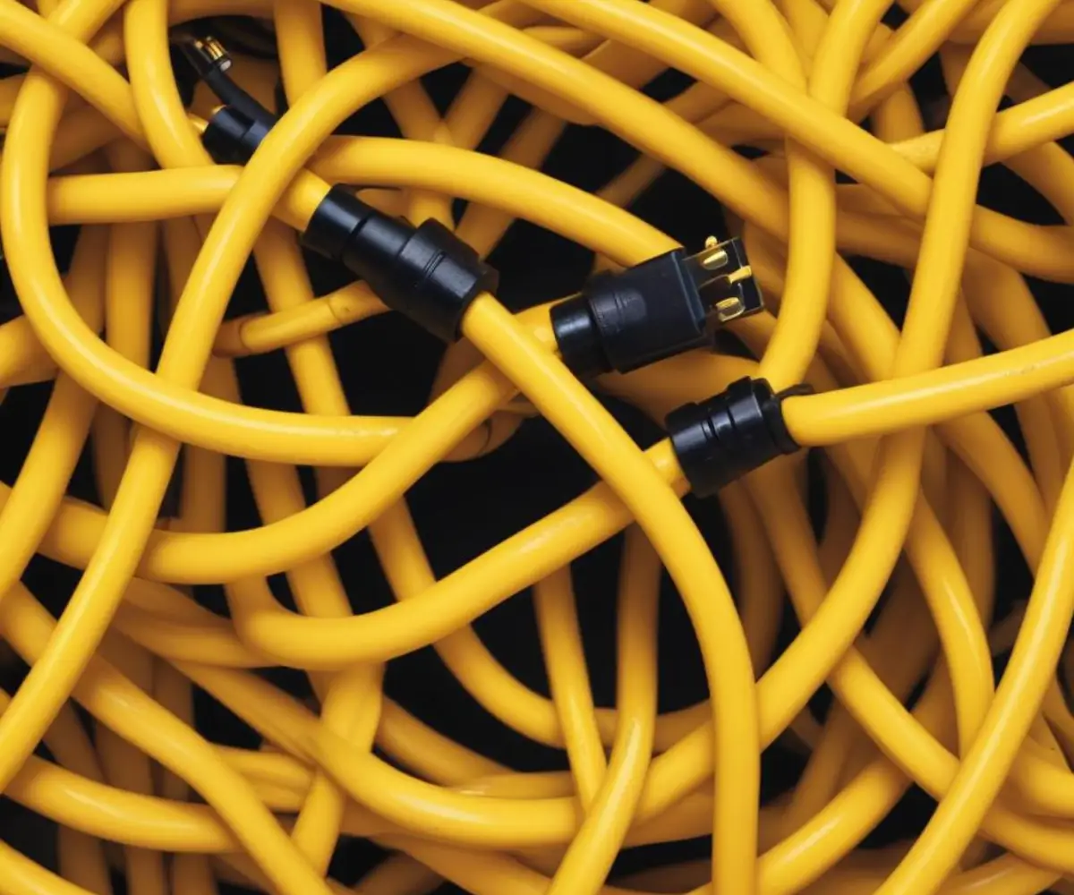 A coil of yellow non-metallic sheathed electrical cable with a black plug on one end and a black connector on the other.