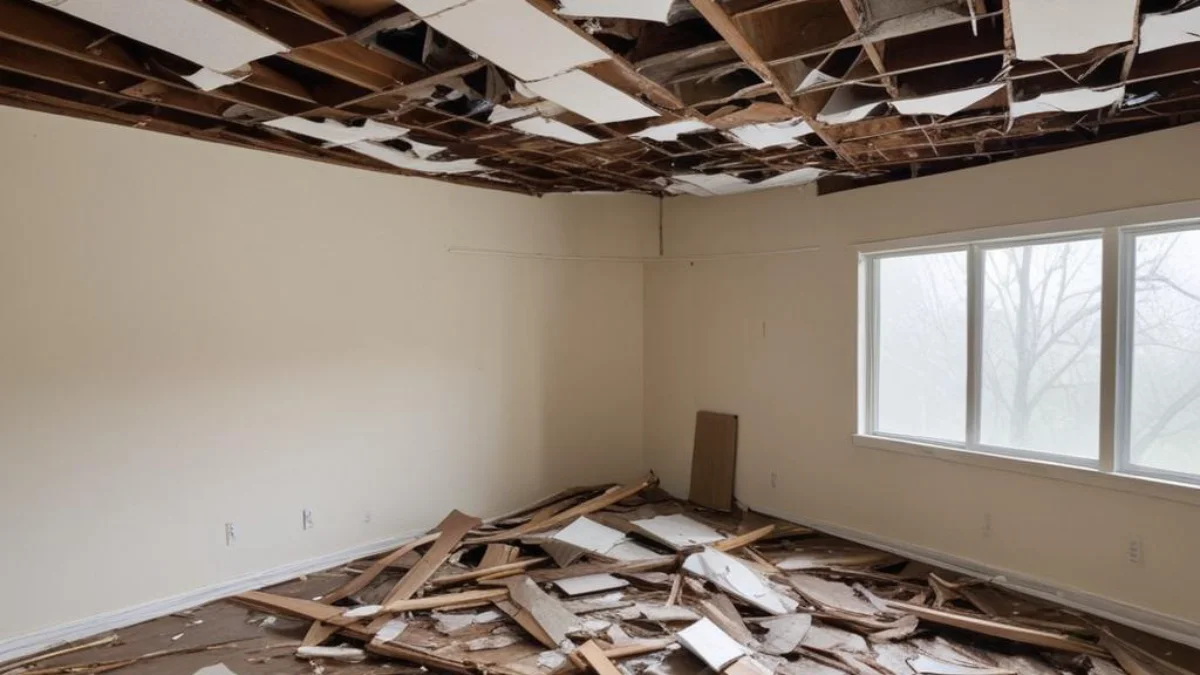 A collapsed ceiling with visible water damage and debris from a roof caved in due to heavy rain.
