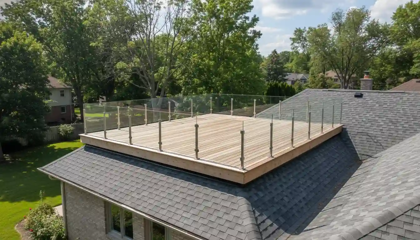 A modern wooden roof deck with a glass panel railing, built onto the pitched, dark gray shingle roof of a suburban home.