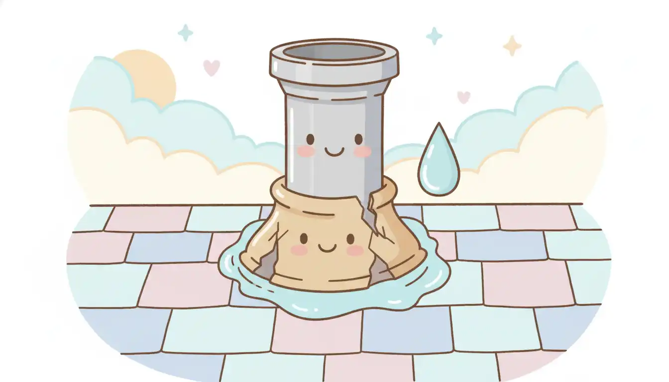 Damaged rubber boot flashing with cracked sealant around a metal furnace exhaust vent on a roof with asphalt shingles.