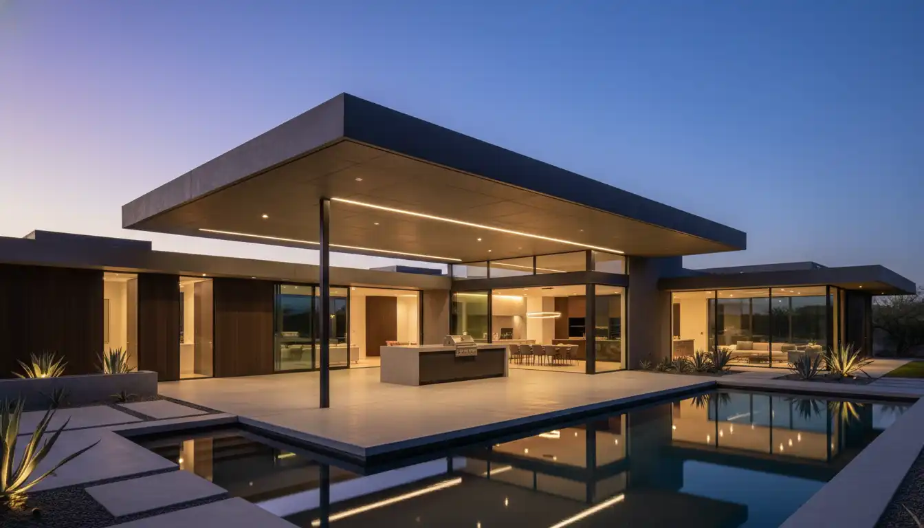A contemporary house featuring a large, flat roof overhang that extends over a patio, constructed without any visible support posts.