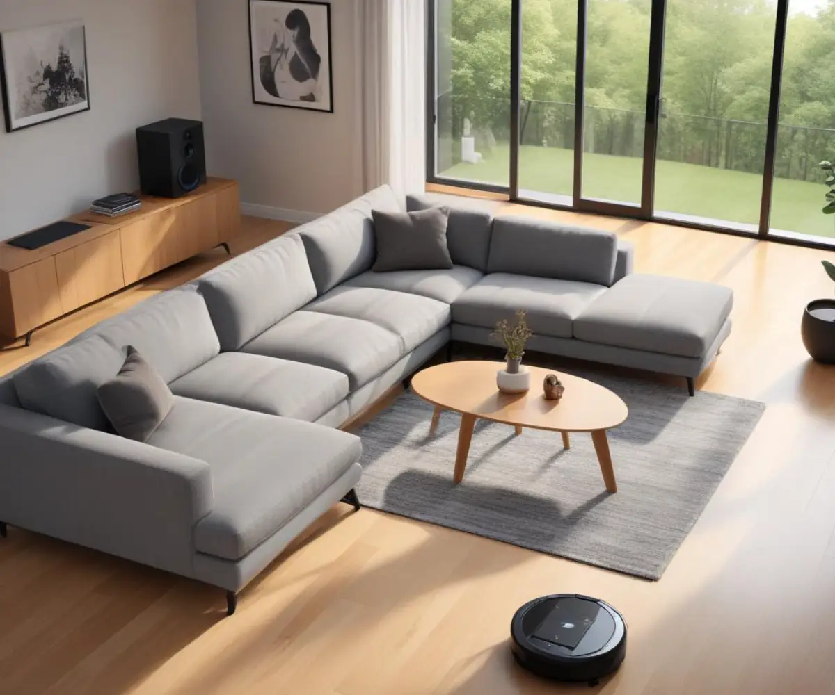 Modern living room with a light gray sofa on tall wooden legs, allowing a black robotic vacuum to clean the hardwood floor underneath.