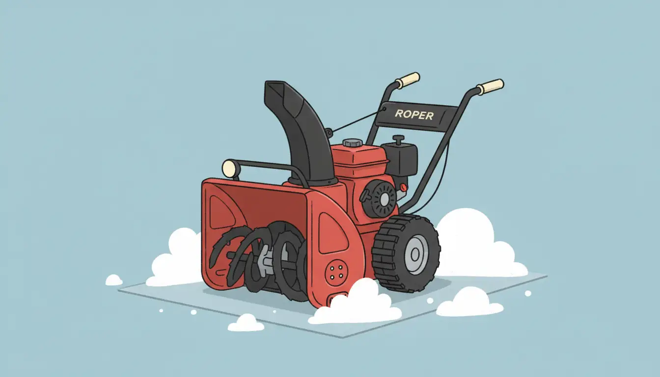 A red, two-stage snowblower with a discharge chute, auger housing, and wheels, resting on a clean concrete surface.