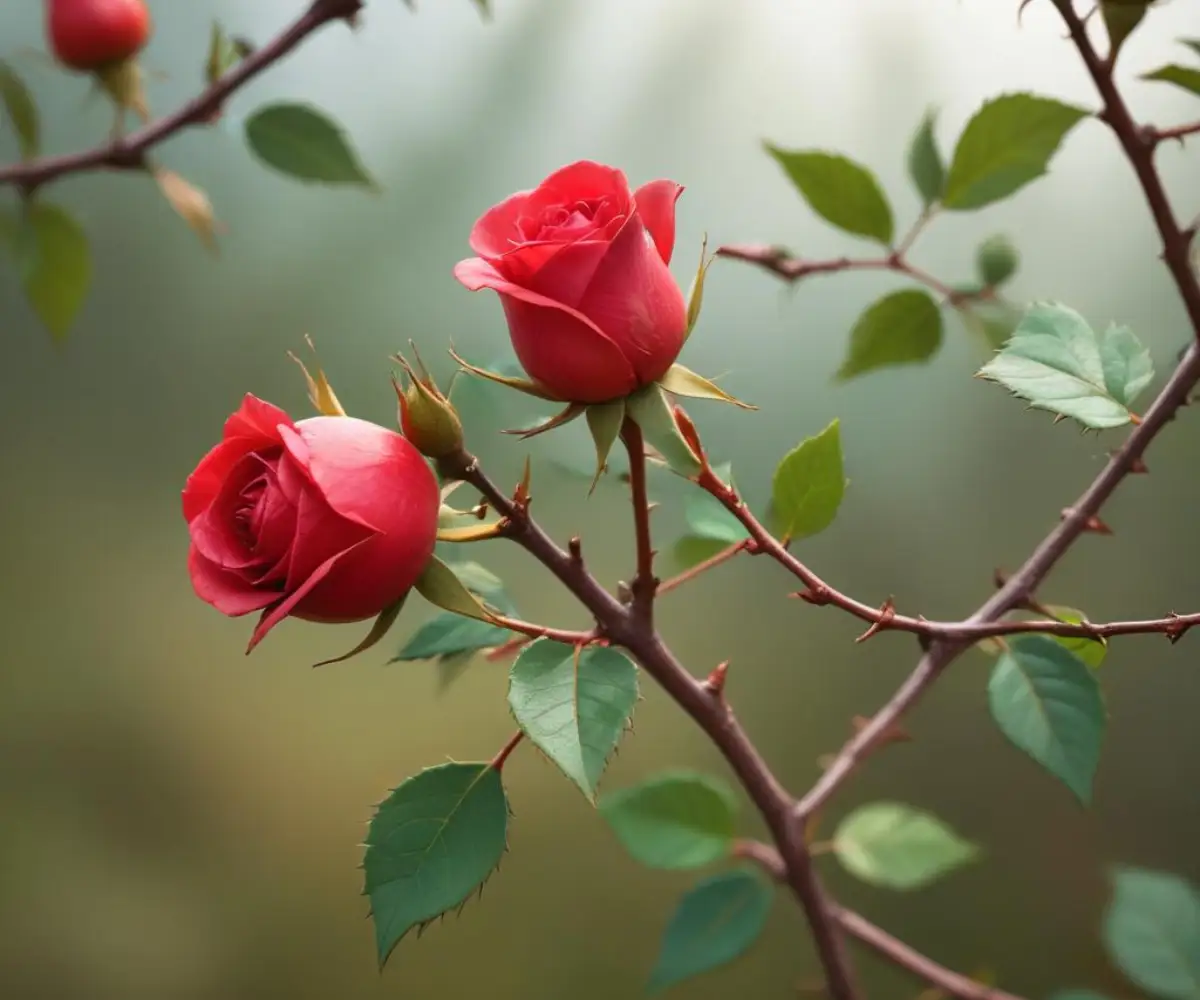 Close-up of vibrant red rose hips on a thorny branch.