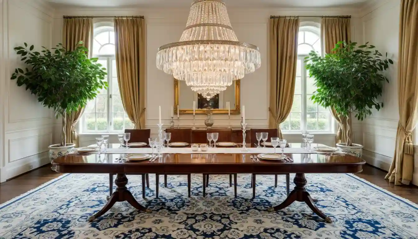 A large, ornate round crystal chandelier suspended above a long, polished wood rectangular dining table in a well-lit, elegant dining room.