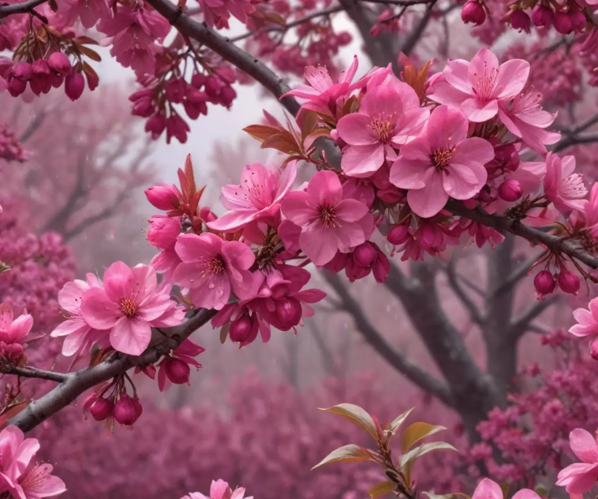 A split image showing the magenta-pink flowers and unique purple cut-leaf foliage of a Royal Raindrops crabapple next to the bright pinkish-red blossoms of a Prairie Fire crabapple.