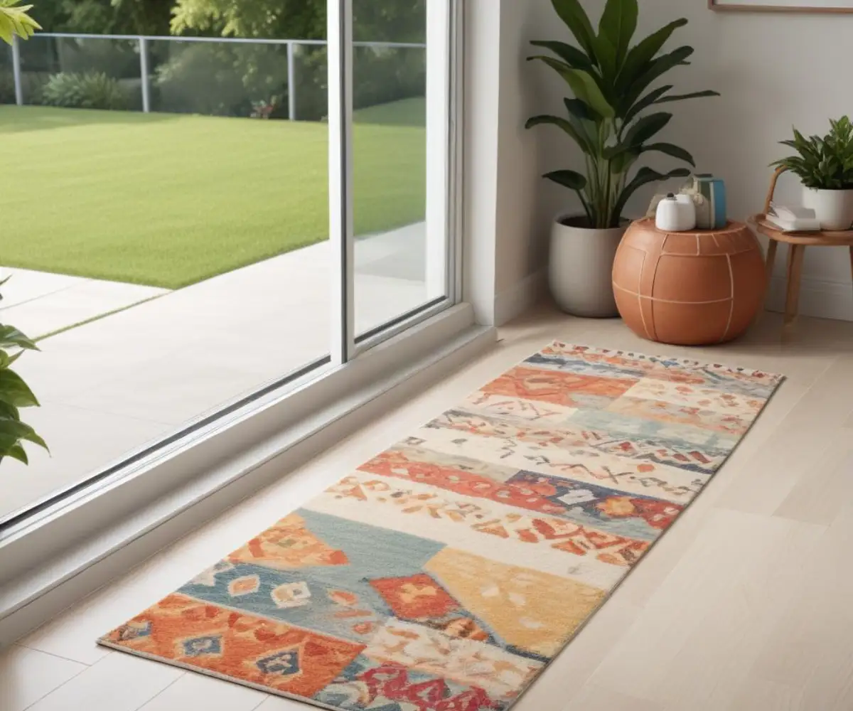 A low-profile, patterned runner rug on a light-colored floor in front of a sliding glass door that leads to an outdoor patio.