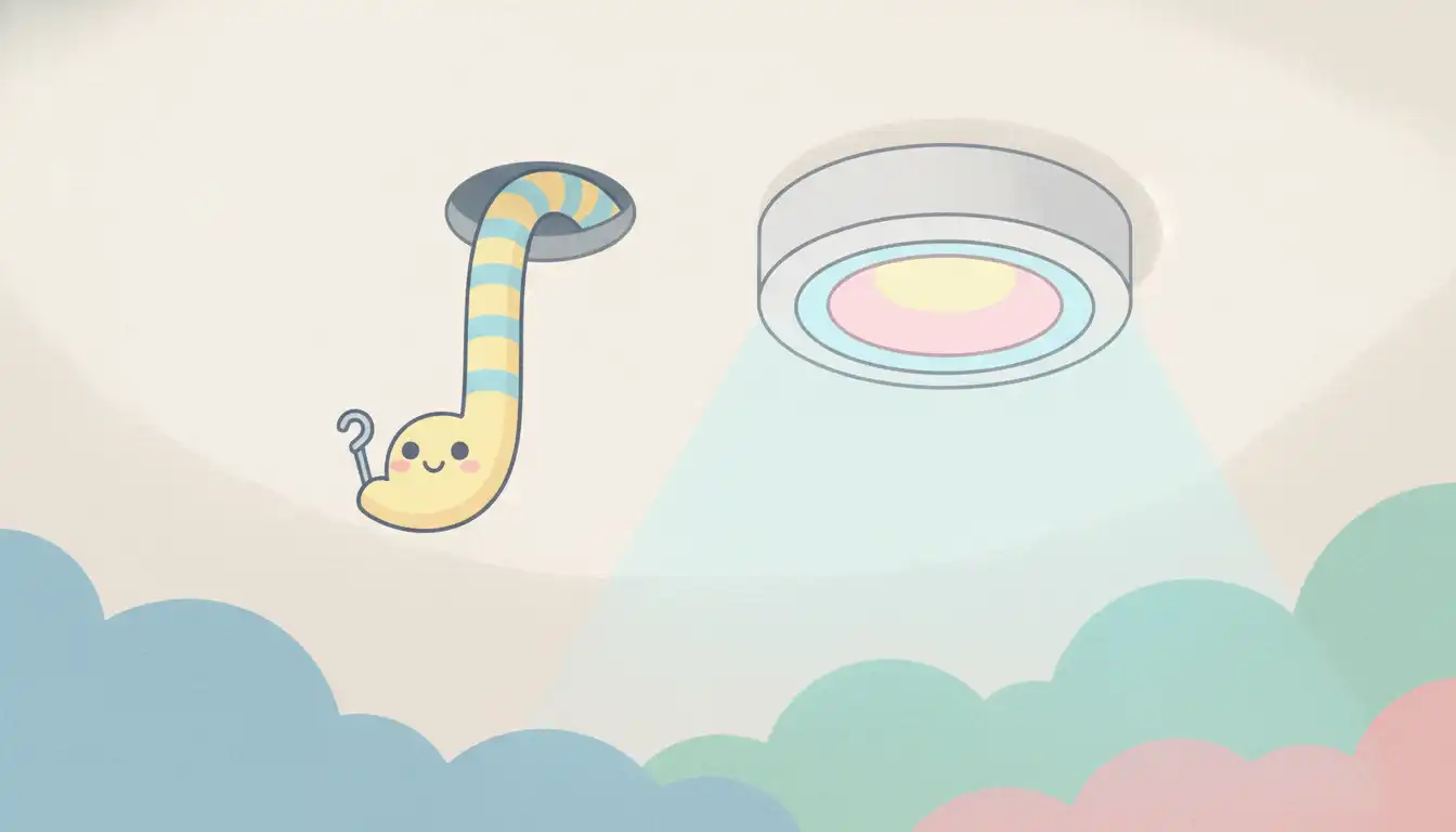 Electrical fish tape emerging from a small hole in a white ceiling next to a recessed light fixture.